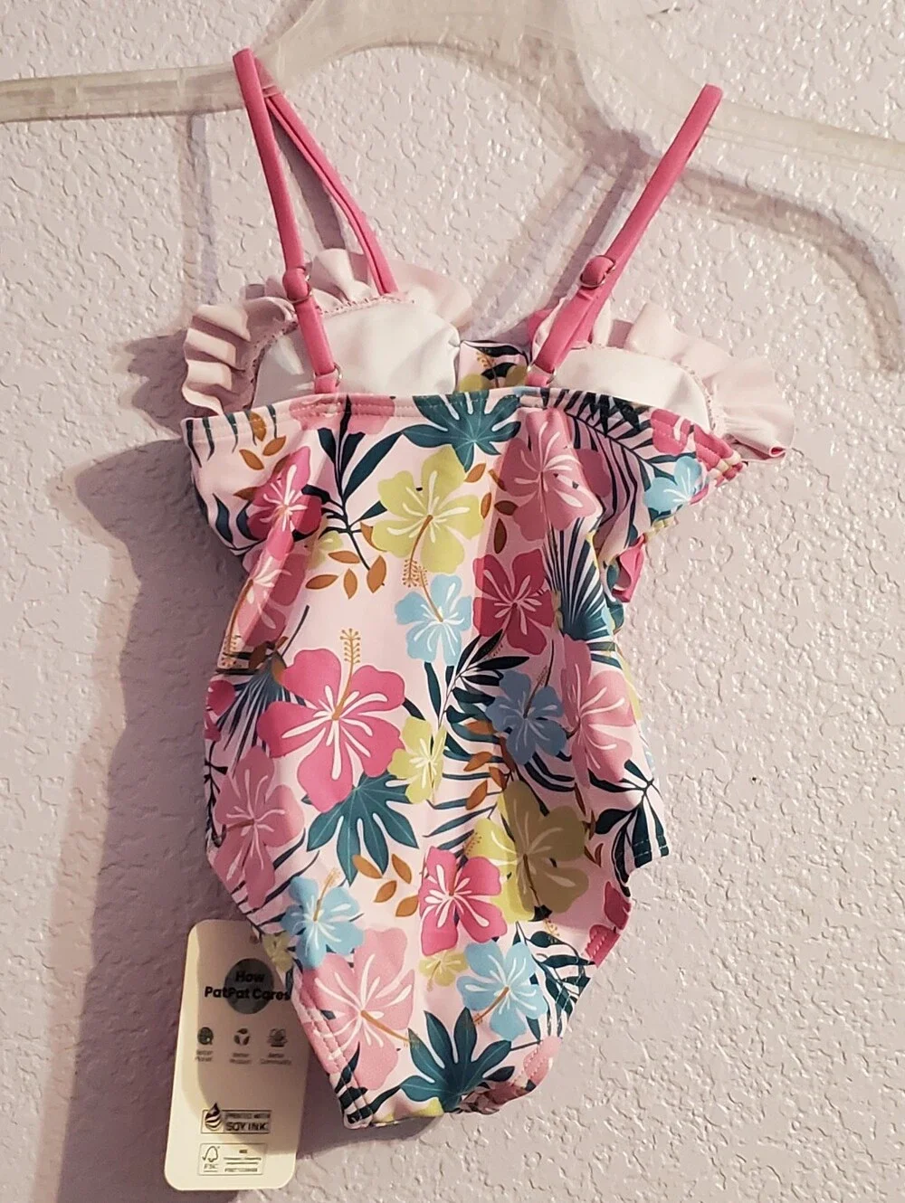 Pat Pat Baby Girls' Floral Pink One-Piece Swimsuit with Ruffle Trim 12M - 18M